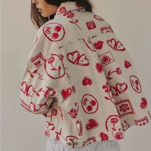 We The Free Opal Swing Printed Denim Jacket Free People Candy Heart Combo NWT